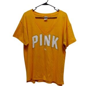 PINK Victoria's Secret Yellow Glitter Graphic V Neck Short Sleeve Tee